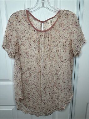 Nordstrom Bellatrix Cream Floral Short Sleeve Blouse with Pink Trim